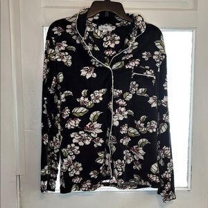 Nicole Miller Women’s Black Floral Fleece Pajama Top with White Piping Size L